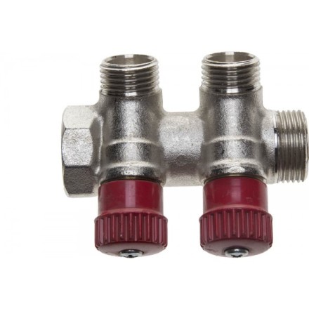 Коллектор GENERAL FITTINGS для горячей воды, вентили, никелированная латунь, вход 3/4&quot; - 2 выхода 1/2&quot; 51046-3/4-1/2-HT2 купить в Уфе
