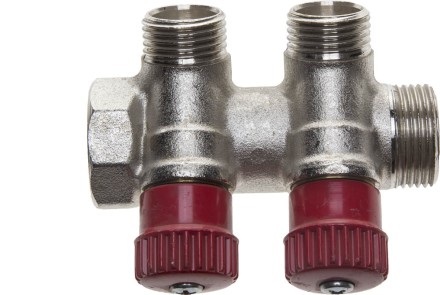 Коллектор GENERAL FITTINGS для горячей воды, вентили, никелированная латунь, вход 3/4&quot; - 2 выхода 1/2&quot; 51046-3/4-1/2-HT2 купить в Уфе