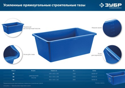 ЗУБР 60 л, первичный высокопрочный пластик, усиленный прямоугольный строительный таз (06096-65) купить в Уфе