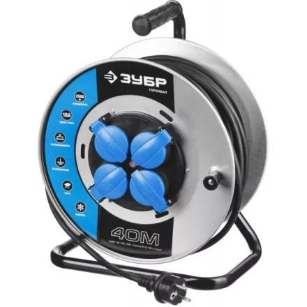 Удлинитель ЗУБР "ПРОФИ" на металл катушке, КГ 3х1,5кв мм, морозостойкий, 4 гнезда, IP44, макс мощность 3500Вт, 40м 55085-40 купить в Уфе