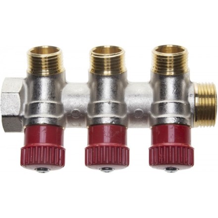 Коллектор GENERAL FITTINGS для горячей воды, вентили, никелированная латунь, вход 3/4&quot; - 3 выхода 1/2&quot; 51046-3/4-1/2-HT3 купить в Уфе