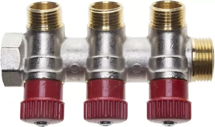 Коллектор GENERAL FITTINGS для горячей воды, вентили, никелированная латунь, вход 3/4&quot; - 3 выхода 1/2&quot; 51046-3/4-1/2-HT3 купить в Уфе