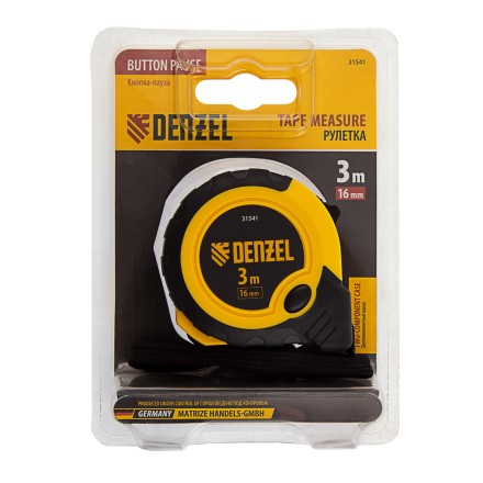 Рулетка Denzel 3м х 16мм, двухкомп. корпус, кнопка-пауза, 31541 купить в Уфе
