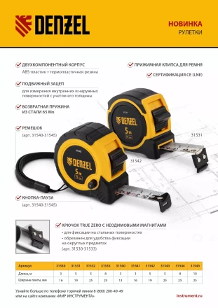 Рулетка Denzel 3м х 16мм, двухкомп. корпус, кнопка-пауза, 31541 купить в Уфе