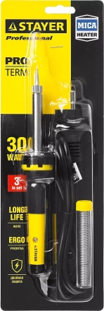 Паяльник с двухкомпонентной рукояткой и долговечным жалом, STAYER "PROFI" PROTerm, 55300-30, в комплекте (припой и подставка), 30 Вт, конус 55300-30 купить в Уфе