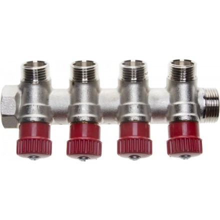 Коллектор GENERAL FITTINGS для горячей воды, вентили, никелированная латунь, вход 3/4&quot; - 4 выхода 1/2&quot; 51046-3/4-1/2-HT4 купить в Уфе