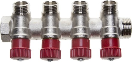 Коллектор GENERAL FITTINGS для горячей воды, вентили, никелированная латунь, вход 3/4&quot; - 4 выхода 1/2&quot; 51046-3/4-1/2-HT4 купить в Уфе