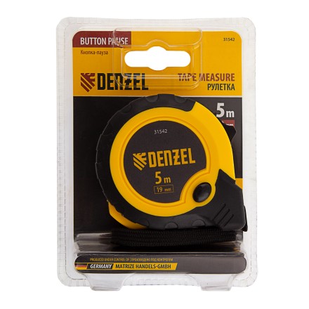 Рулетка Denzel 5м х 19мм, двухкомп. корпус, кнопка-пауза, 31542 купить в Уфе