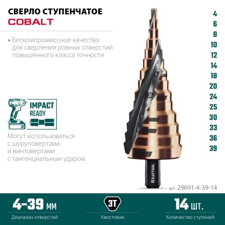 Ступенчатые сверла, сталь c кобальтом, спиральная проточка, 3Т хвостовик 29691-4-39-14 купить в Уфе