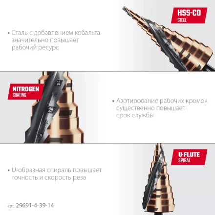 Ступенчатые сверла, сталь c кобальтом, спиральная проточка, 3Т хвостовик 29691-4-39-14 купить в Уфе