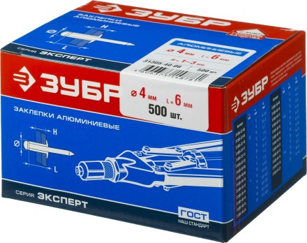 Заклепки ЗУБР алюминиевые, 4,0x 6мм, 500шт 31305-40-06 купить в Уфе