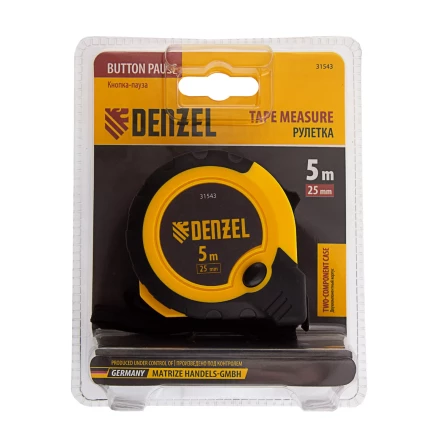 Рулетка Denzel 5м х 25мм, двухкомп. корпус, кнопка-пауза, 31543 купить в Уфе