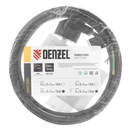 Шнур сетевой Denzel Energy Series, ПВС, 3 м, 3 x 1 мм, с неразборной вилкой, черный, 3 м, 37667 купить в Уфе