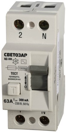 Выключатель дифференциальный &quot;УЗО&quot; СВЕТОЗАР, 2-полюсный, 63 A, &quot;AC&quot;, откл.диф.ток. 300 мА, 230 В SV-49172-300-63 купить в Уфе