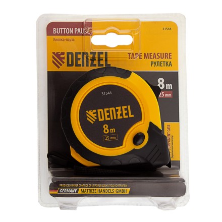 Рулетка Denzel 8м х 25мм, двухкомп. корпус, кнопка-пауза, 31544 купить в Уфе