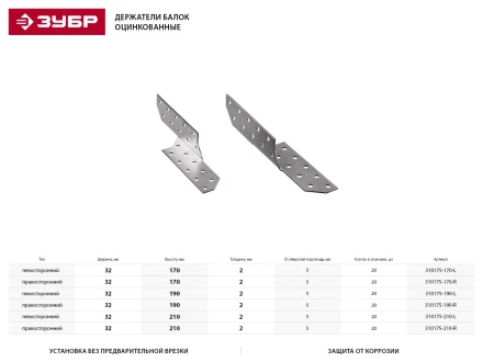 Держатель балки ЗУБР &quot;МАСТЕР&quot; правосторонний, 32х170мм, 20 шт 310175-170-R купить в Уфе