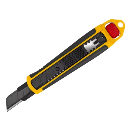 Нож Denzel, 18 мм, сменное лезвие, SK4, корпус из ABS + TPR, торцевой зажим, 78903 купить в Уфе