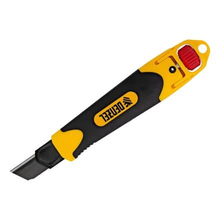 Нож Denzel, 18 мм, сменное лезвие, SK4, корпус из ABS + TPR, торцевой зажим, 78903 купить в Уфе