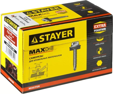 Саморезы СКД кровельные, RAL 3003 рубиново-красный, 51 х 4.8 мм, 250 шт, для деревянной обрешетки, STAYER 30305-48-051-3003 купить в Уфе