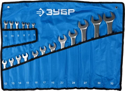 Набор ЗУБР &quot;ПРОФИ&quot;: Ключ гаечный комбинированный, Cr-V сталь, хромированный, 6-32мм, 18шт 27022-H18 купить в Уфе