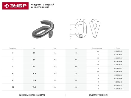 Соединитель цепей ЗУБР, оцинкованный, 10мм, 15 шт 4-304575-10 купить в Уфе
