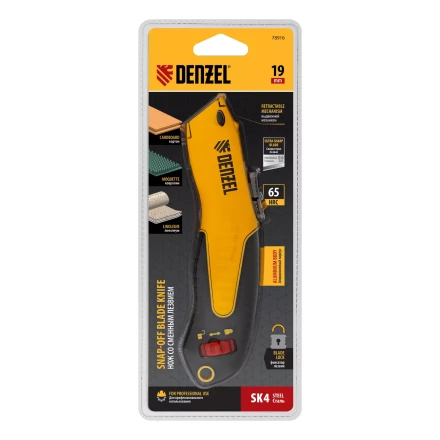 Нож Denzel, 19мм, сменное трапециевидное  лезвие, SK4, алюминиевый корпус, торцевой зажим купить в Уфе