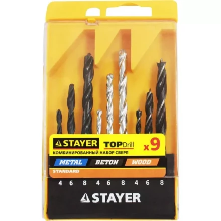 Набор STAYER &quot;STANDARD&quot;: Сверла комбинированные, дерево (4-6-8мм), металл (4-6-8мм), бетон (4-6-8мм), 9 предметов 29720-H9 купить в Уфе