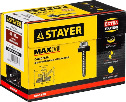 Саморезы СКД кровельные, RAL 3005 темно-красный, 29 x 4.8 мм, 400 шт, для деревянной обрешетки, STAYER 30305-48-029-3005 купить в Уфе