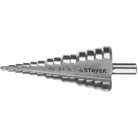 Сверло STAYER &quot;MASTER&quot; ступенчатое по сталям и цвет.мет., сталь HSS, d=4- 39мм,14ступ.d4-39,L -113 мм, трехгран.хв. 10мм 29660-4-39-14 купить в Уфе