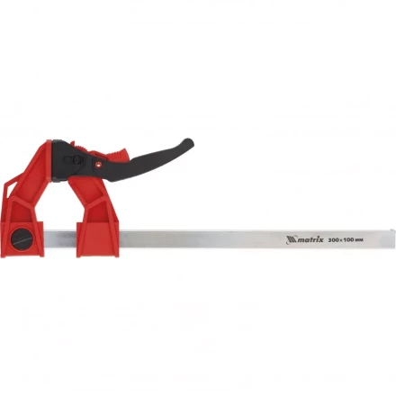Струбцина реечная быстрозажимная усиленная пластиковый корпус рычажно-храповой механизм 300 х 100 х 456 мм штанга 5 х 22 мм Matrix 20728 купить в Уфе