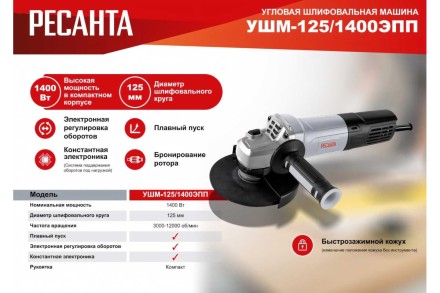 Углошлифовальная машина Ресанта УШМ-125/1400 ЭПП 75/12/14 купить в Уфе