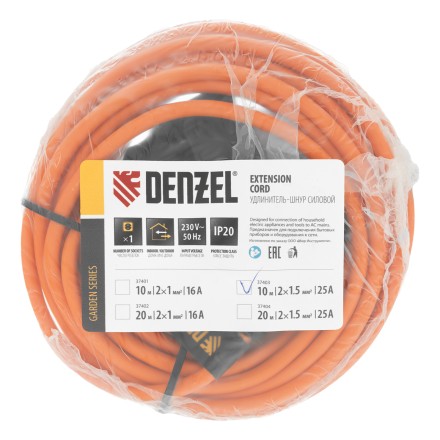 Удлинитель-шнур силовой Denzel Garden Series, б/з, ПВС, 10м, 1 розетка, 2 x 1,5 мм, 3 м 37403 купить в Уфе