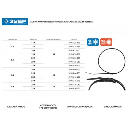 Кабельные стяжки черные КОБРА, с плоским замком, 3.6 х 205 мм, 50 шт, нейлоновые, ЗУБР 30935-36-205 купить в Уфе