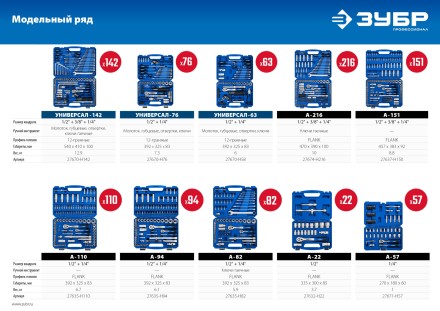 ЗУБР А-216, 216 предм., (1/2+ 3/8+ 1/4), универсальный набор инструмента, Профессионал (27674-H216) купить в Уфе