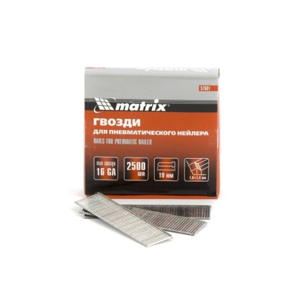 Гвозди 16GA для пневм. нейлера сечение 1,6х1,4 длина 19 мм 2500 шт MATRIX 57601 купить в Уфе
