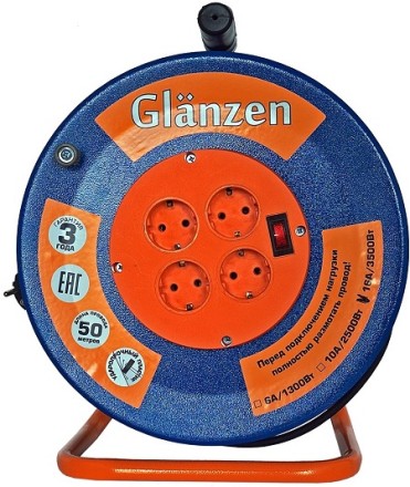 Удлинитель силовой на катушке GLANZEN 4 гн. КГ 3х1,5 ЕВ-50-009 купить в Уфе
