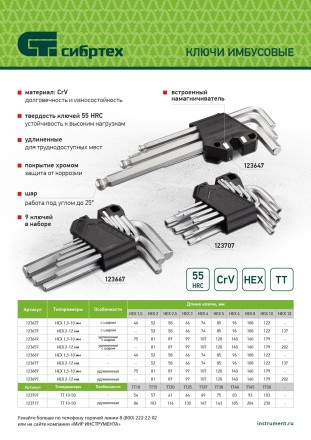 Набор ключей имбусовых Torx-Tempered, TT10-50, CrV, 9 шт. Сибртех 123707 купить в Уфе