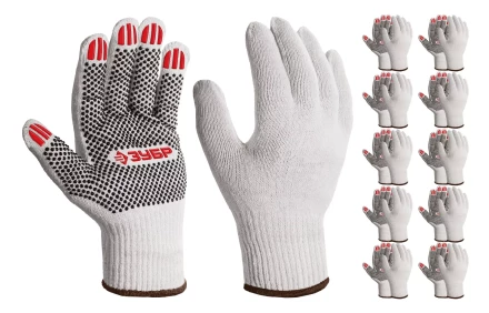 ЗУБР ОПТИМА, XL (10), х/б перчатки с ПВХ покрытием (точка), 10 класс, 10 пар (11440-XL10) купить в Уфе