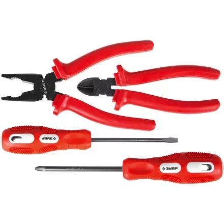 Набор слесарно-монтажного инструмента ЗУБР &quot;МАСТЕР&quot;: 2 отвертки, плоскогубцы и бокорезы, 4 предмета 22015-H4 купить в Уфе