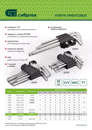 Набор ключей имбусовых Torx-Tempered, TT10-50, CrV, 9 шт., удлиненные Сибртех 123717 купить в Уфе