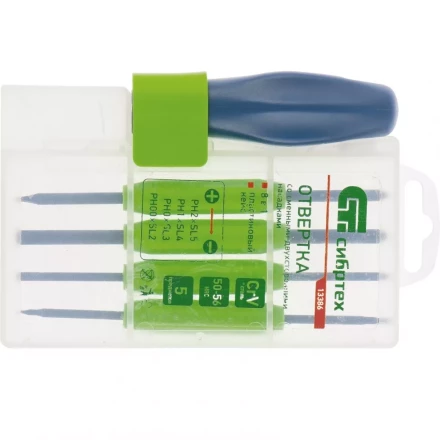 Отвертка со сменными двухсторонними насадками 8 в 1 в пластиковом кейсе CrV Сибртех артикул 13386 купить в Уфе