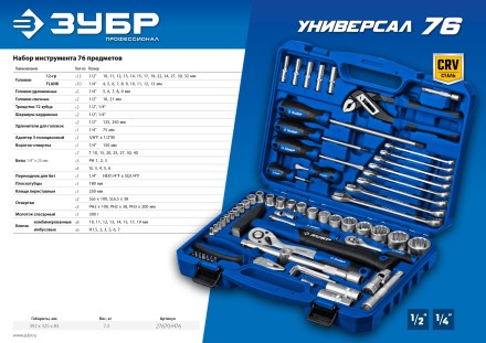 ЗУБР Универсал-76, 76 предм., (1/2+ 1/4), универсальный набор инструмента, Профессионал (27670-H76) купить в Уфе
