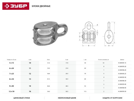 Блок ЗУБР двойной, оцинкованный, нейлоновый шкив, 5x15мм, 10 шт 4-304595-15 купить в Уфе