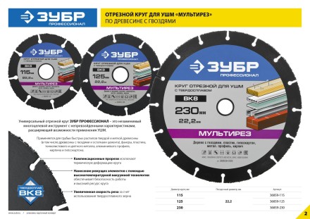 Отрезной круг &quot;МУЛЬТИРЕЗ-ВК8&quot; для УШМ, 230х22,2мм, ЗУБР 36859-230 купить в Уфе