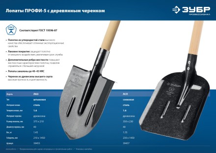 ЗУБР ПРОФИ-5 375х210х1450мм, полотно рессор.сталь 1.6мм закалено, c ребрами жесткости, черенок высш.сорт, тип ЛКО, штык. лопата, Профессионал (39455) купить в Уфе