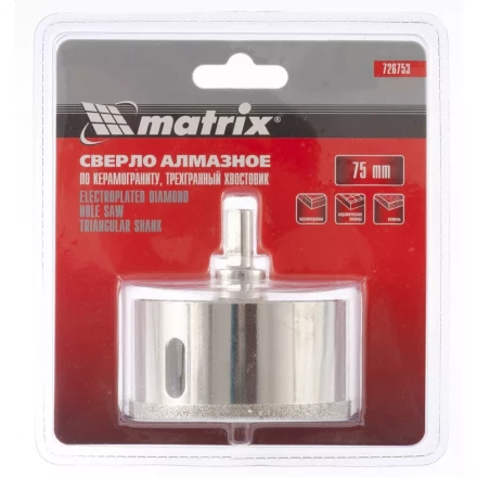 Сверло алмазное по керамограниту 75 х 67 мм 3-гранный хвостовик MATRIX 726753 купить в Уфе