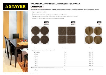 Накладки STAYER &quot;COMFORT&quot; на мебельные ножки, самоклеящиеся, фетровые, коричневые, квадратные - 25*25 мм, 4 шт 40912-25 купить в Уфе