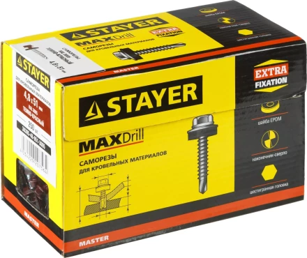 Саморезы СКД кровельные, RAL 3005 темно-красный, 51 х 4.8 мм, 250 шт, для деревянной обрешетки, STAYER 30305-48-051-3005 купить в Уфе