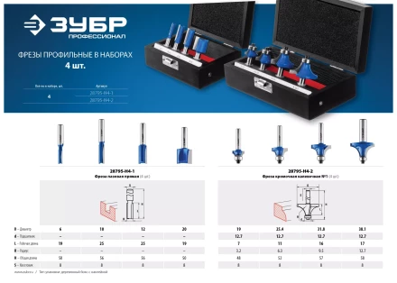 ЗУБР 4 шт, набор профильных фрез по дереву, Профессионал (28795-H4-2) купить в Уфе
