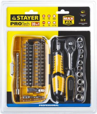 Набор STAYER &quot;PROFESSIONAL&quot;: Биты и торцовые головки с трещеткой и воротком, 39 предметов 25135-H39 купить в Уфе